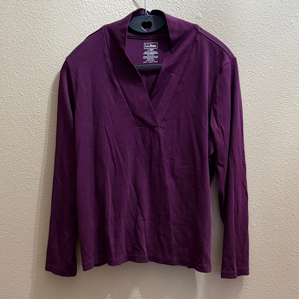 LL Bean Plum Pima Shawl Collar Long Sleeve